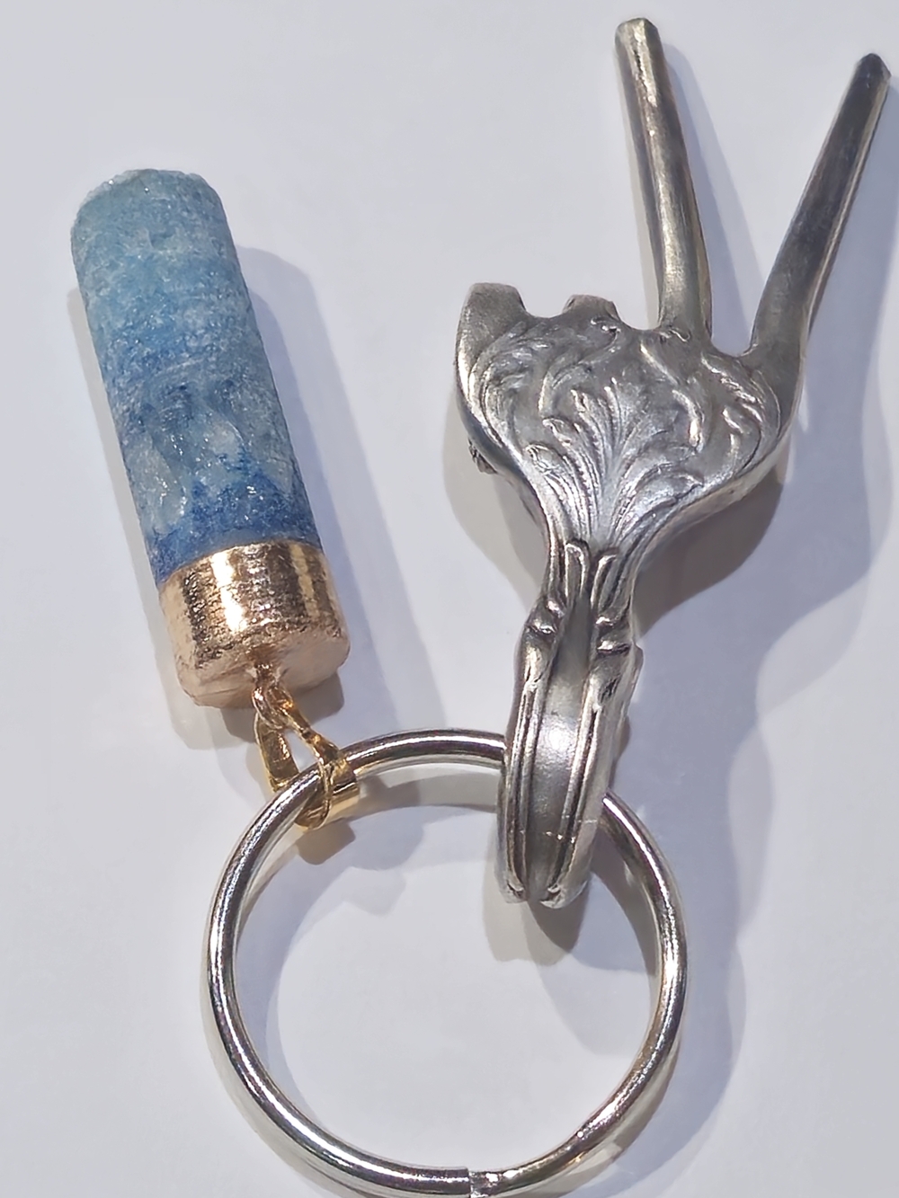Peace Finger Fork Blue Crystal Keychain with Silver Ring